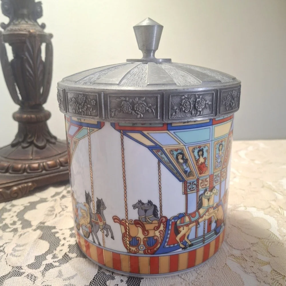 RARE Ceramic Carousel Cookie Jar Pewter Lid Seltmann Weiden x Schmidt Vtg 1998